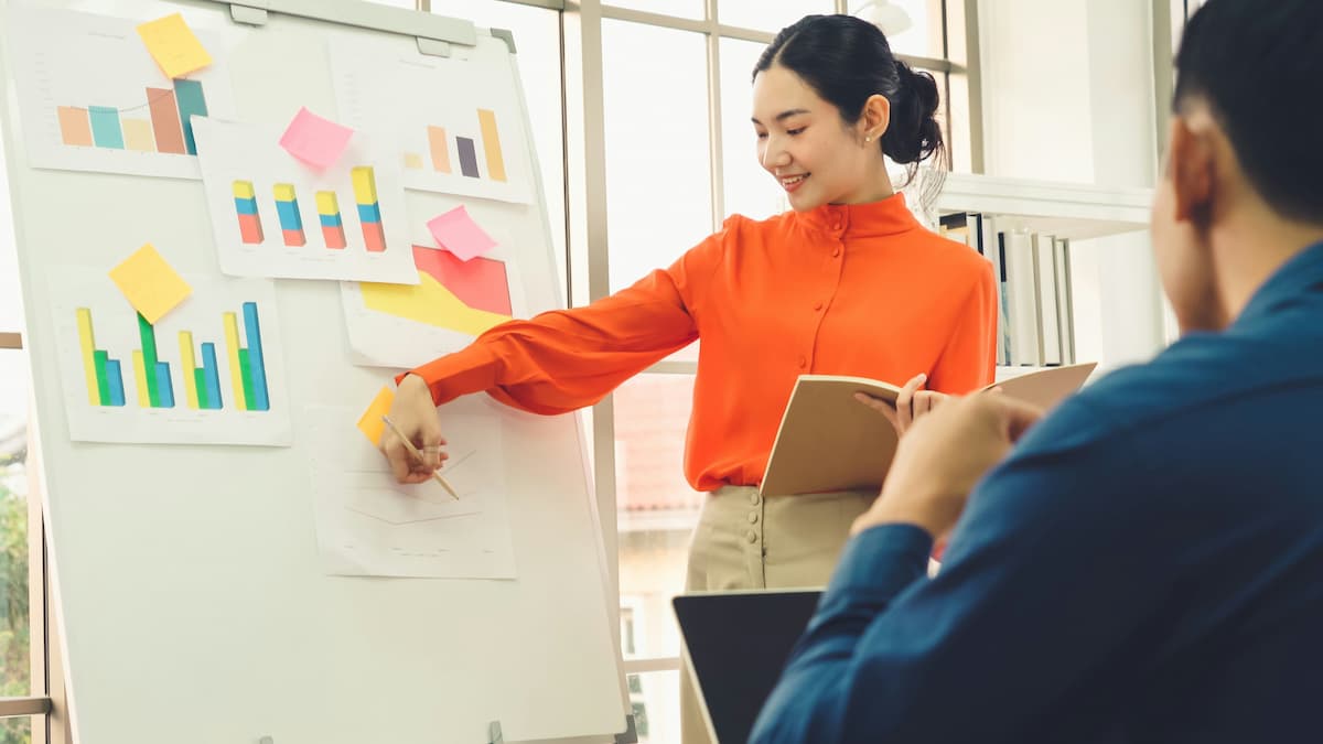 Woman presenting statistics on a whiteboard