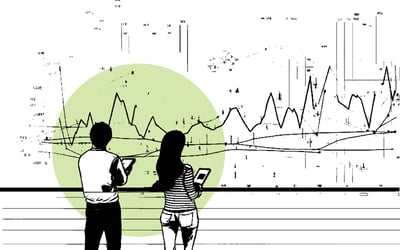 How to integrate your ESG strategy with your marketing plan - image of two people analysing data with a green background