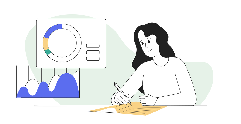 Articulate diagram of a woman writing in a notebook with images of charts beside her