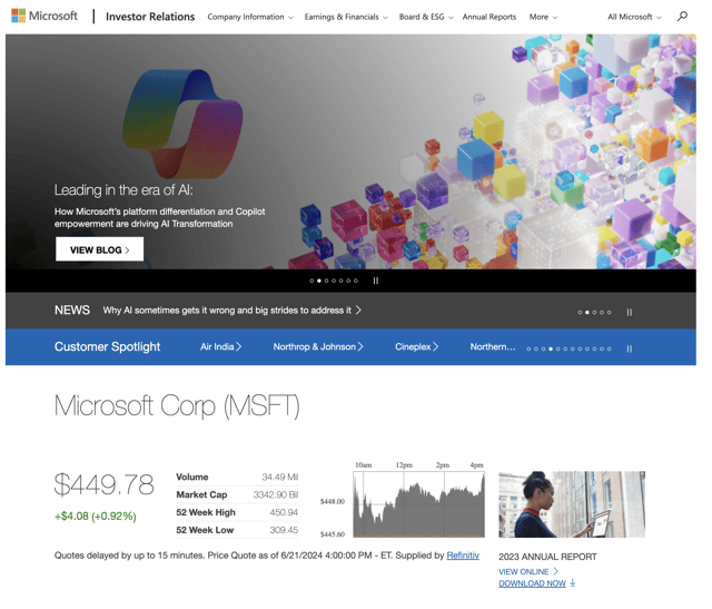 Microsoft IR site screenshot