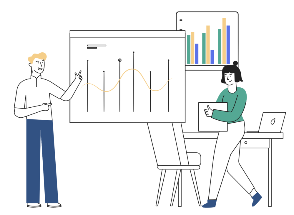 Illustration of people talking about graphs, symbolising the appointment of a new CFO