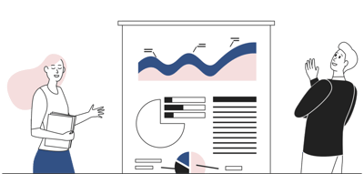 Image shows a woman and a man in front of a whiteboard with graphs and pie charts