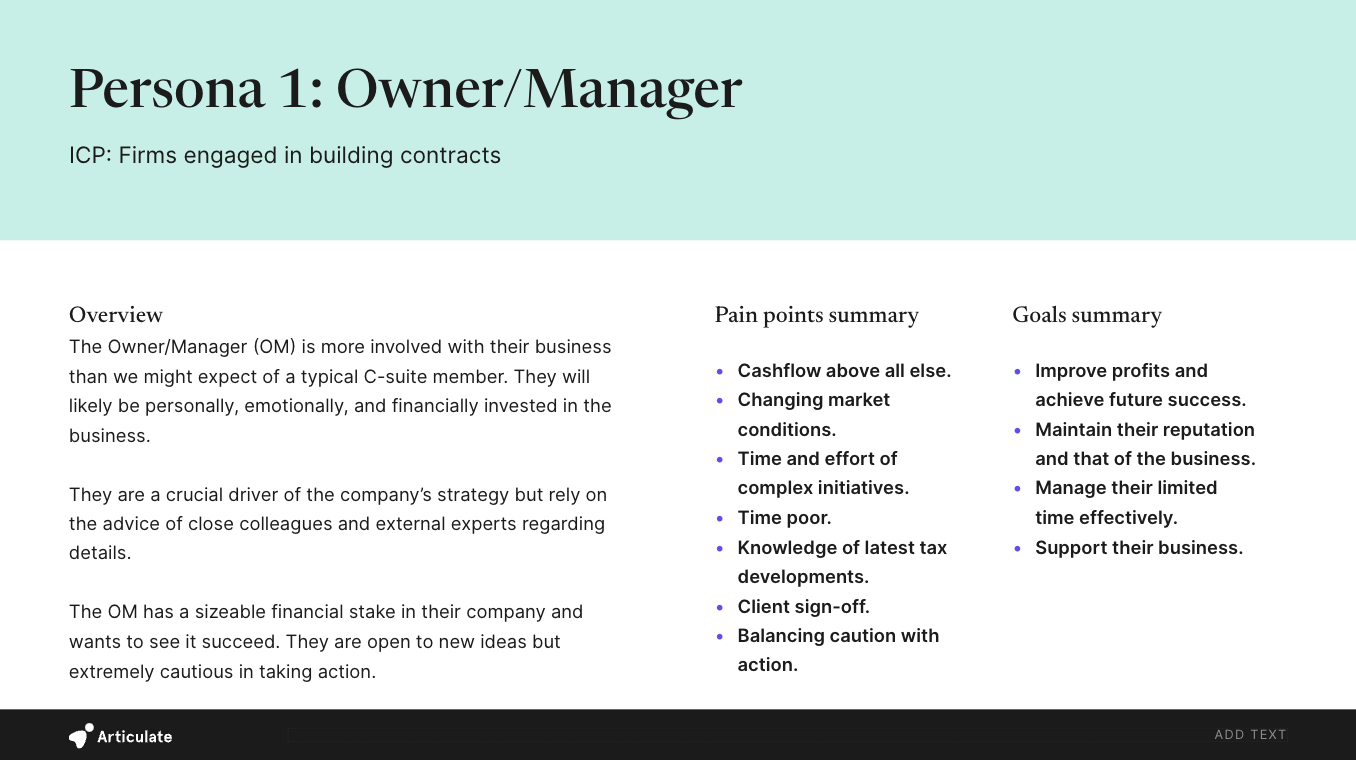 A slide showing an example of a business owner or manager persona from a client presentation.